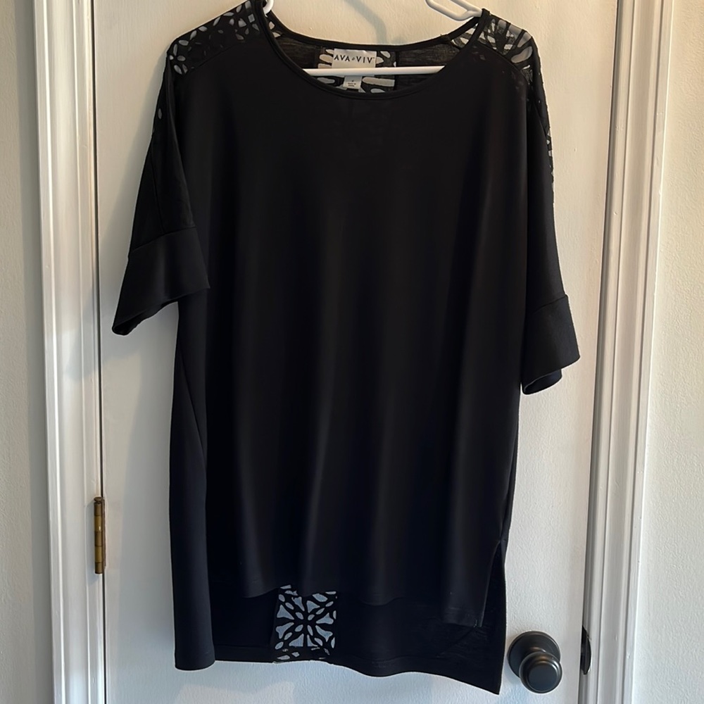 Ava & Vic Black Short Sleeve Top w/ Sheer Panels on Shoulders and Back